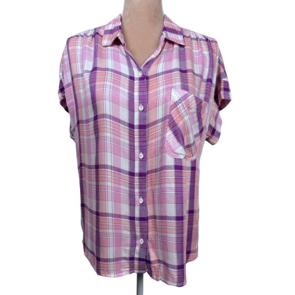 Cloth & Stone Anrthropologie Top Sz Medium Pink Plaid Short Sleeve Rayon‎
